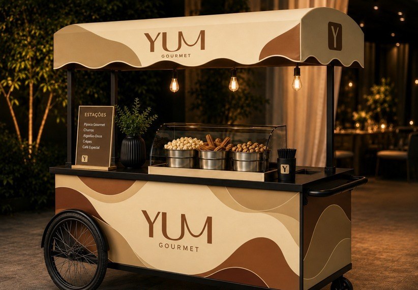 Carrinho YUM Gourmet com toldo, pipoca e churros em evento à noite